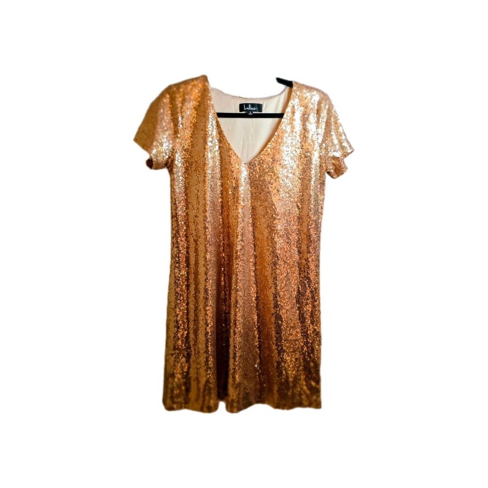 Rose Gold Sequin Mini Dress V Neck Short Sleeve Party Cocktail Holiday Sparkle S - Picture 2 of 12